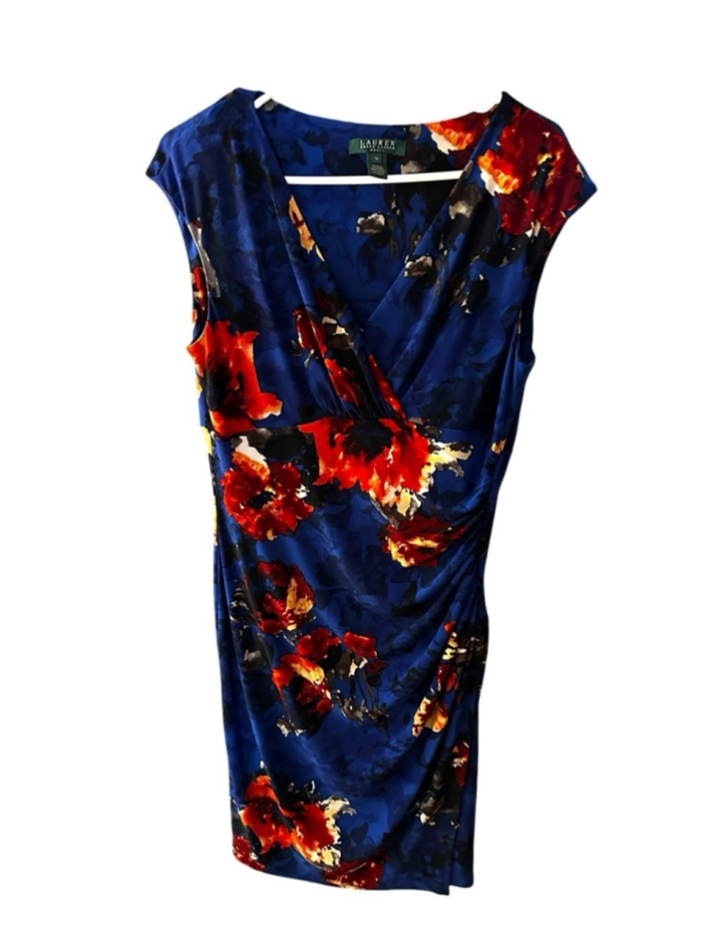Lauren Ralph Lauren Floral Dress Blue Red Ruched Sheath Cocktail Quiet Luxury - Picture 4 of 12